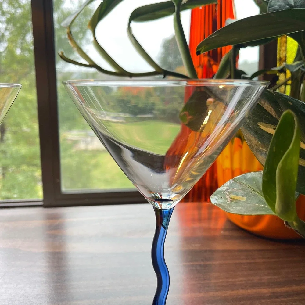 2 VTG MCM WAVY‎ zigzag stem Martini Glasses Cosmo Atomic Blue